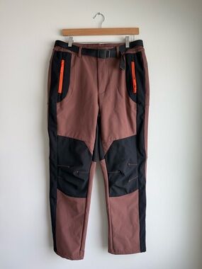 Men’s Outdoor Softshell Hiking Pants Brown Black Fleece Lined Belted NWOT Size M